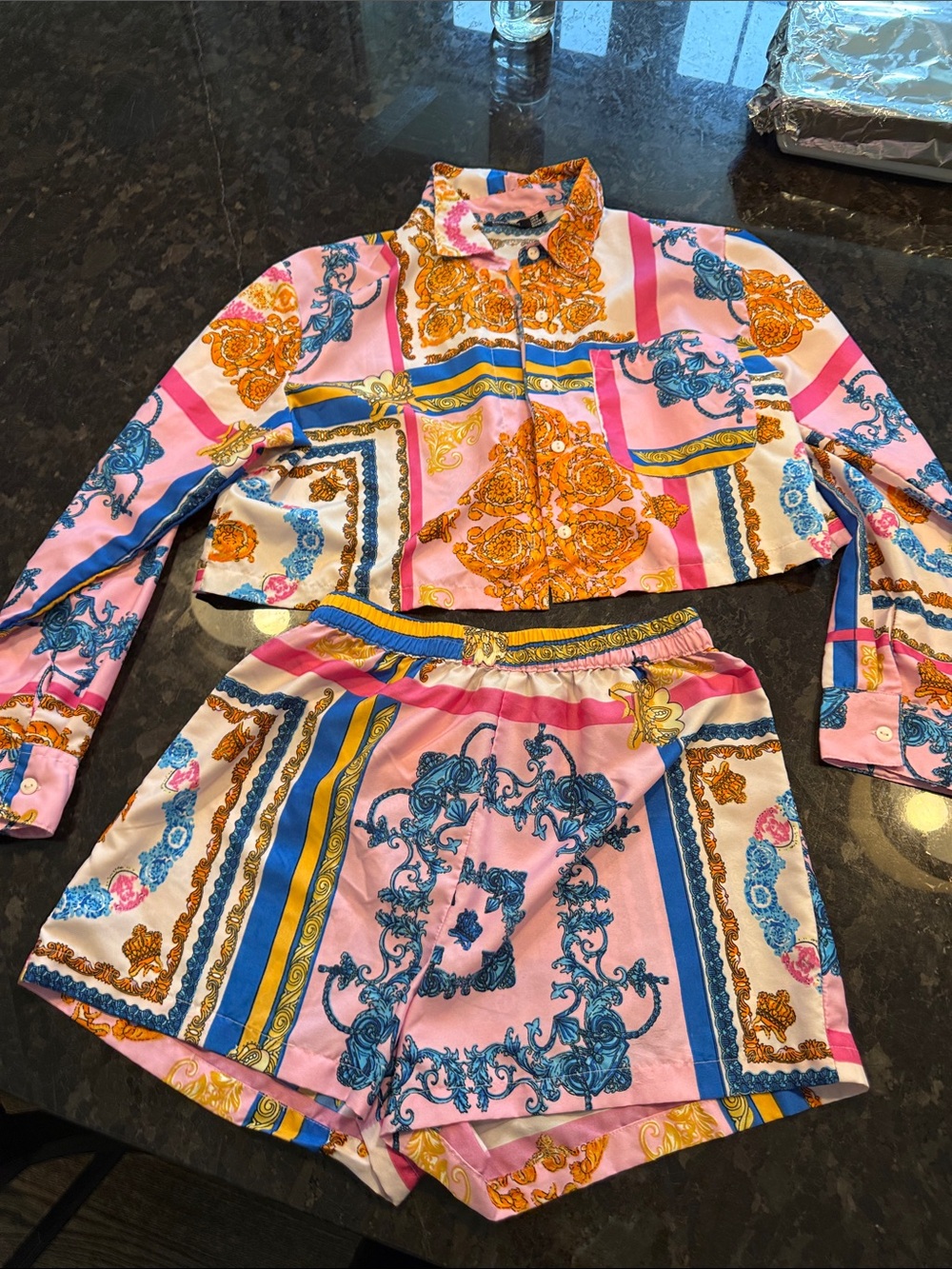Boohoo Pink Baroque Print Crop Shirt & Shorts Set